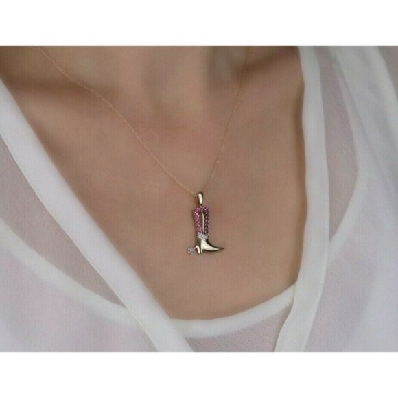 10k Yellow Gold Lab Created Ruby and Diamond Cowboy Boot Necklace 18 inch chain - Picture 3 of 8